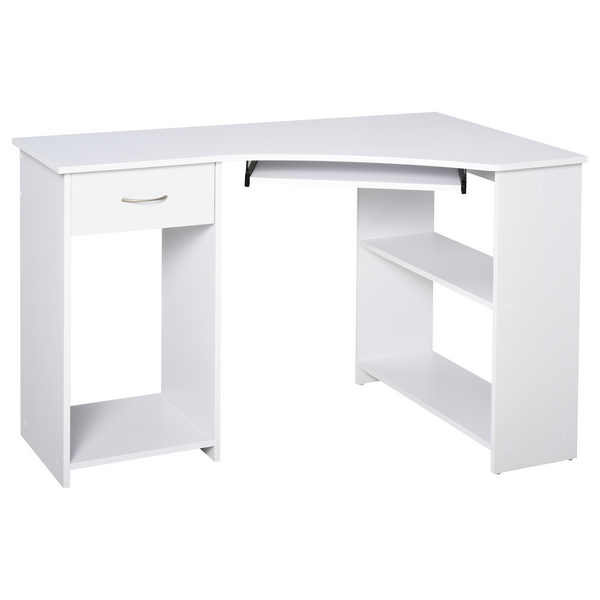 Modern L-Shaped White Corner Computer Desk with Storage Shelves, Keyboard Tray, and Drawer - Premium  from Home Treasures - Just £117.99! Shop now at Home Treasures