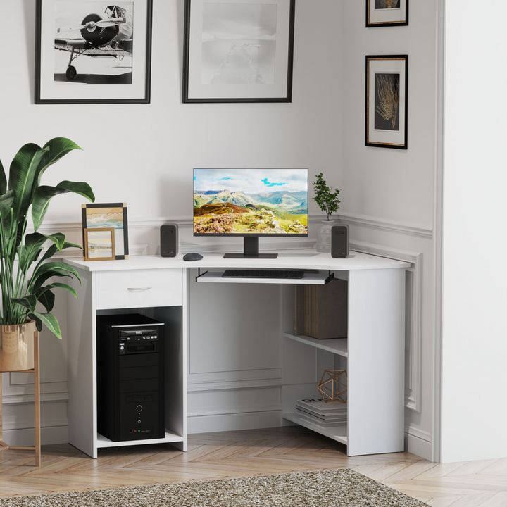 Modern L-Shaped White Corner Computer Desk with Storage Shelves, Keyboard Tray, and Drawer - Premium  from Home Treasures - Just £117.99! Shop now at Home Treasures