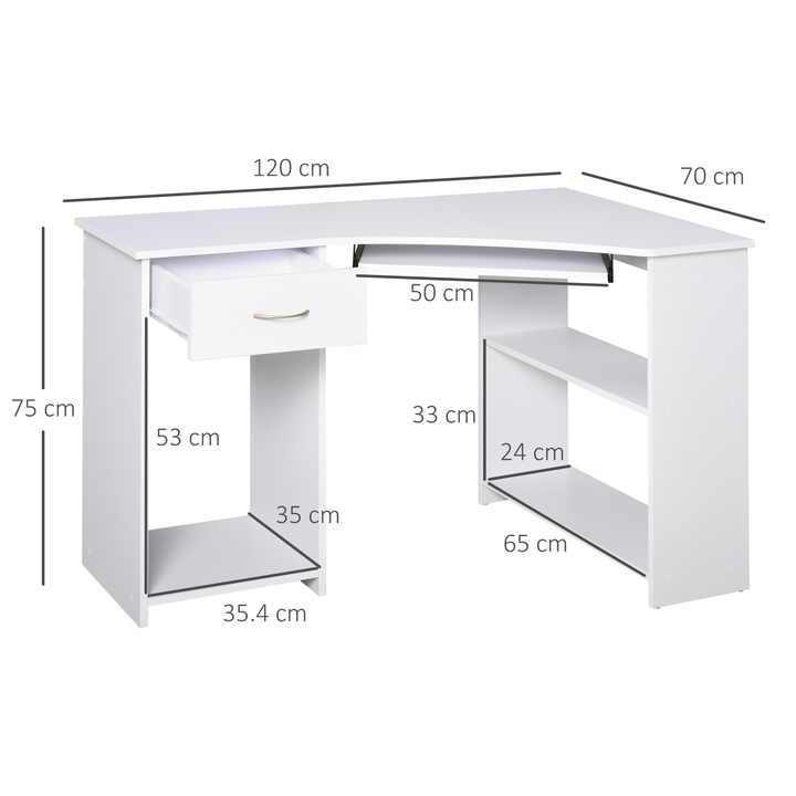 Modern L-Shaped White Corner Computer Desk with Storage Shelves, Keyboard Tray, and Drawer - Premium  from Home Treasures - Just £117.99! Shop now at Home Treasures