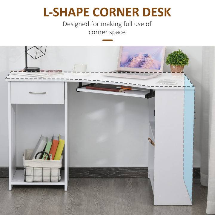 Modern L-Shaped White Corner Computer Desk with Storage Shelves, Keyboard Tray, and Drawer - Premium  from Home Treasures - Just £117.99! Shop now at Home Treasures