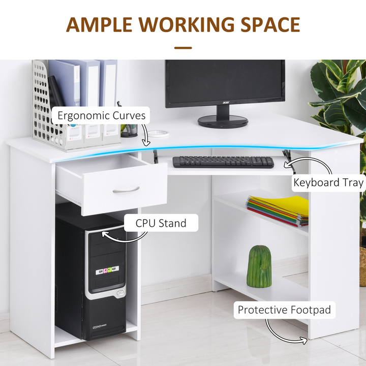 Modern L-Shaped White Corner Computer Desk with Storage Shelves, Keyboard Tray, and Drawer - Premium  from Home Treasures - Just £117.99! Shop now at Home Treasures