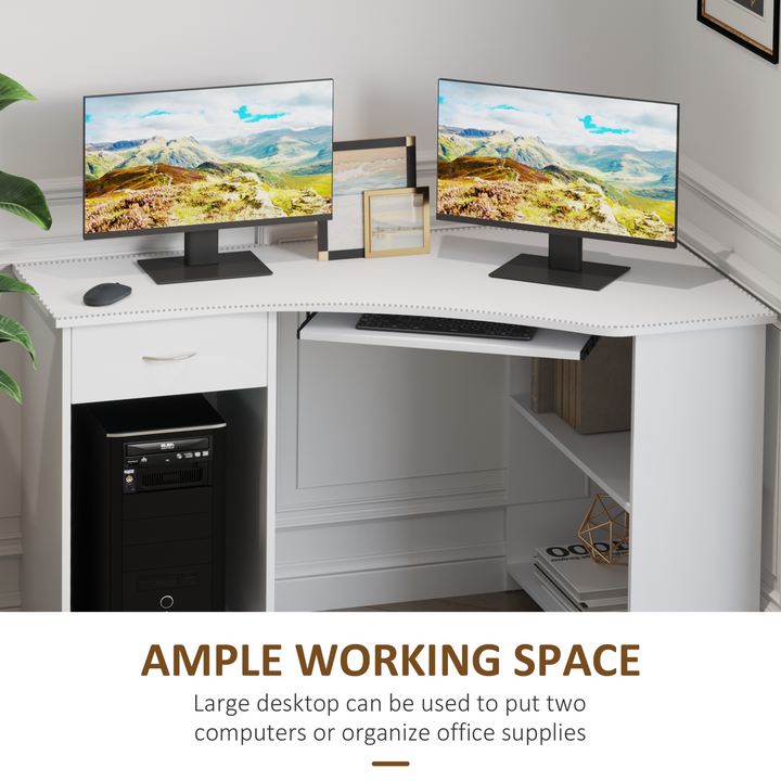 Modern L-Shaped White Corner Computer Desk with Storage Shelves, Keyboard Tray, and Drawer - Premium  from Home Treasures - Just £117.99! Shop now at Home Treasures