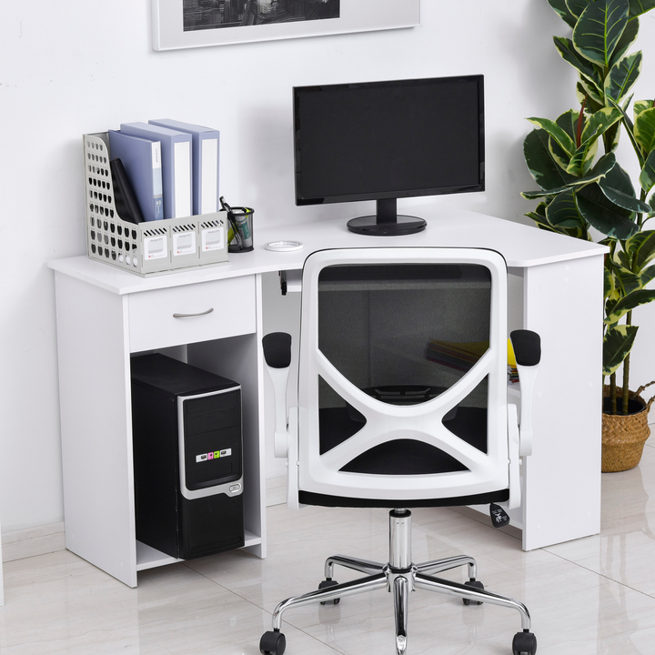 Modern L-Shaped White Corner Computer Desk with Storage Shelves, Keyboard Tray, and Drawer - Premium  from Home Treasures - Just £117.99! Shop now at Home Treasures