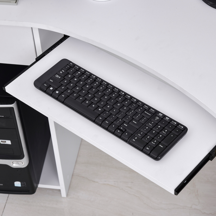 Modern L-Shaped White Corner Computer Desk with Storage Shelves, Keyboard Tray, and Drawer - Premium  from Home Treasures - Just £117.99! Shop now at Home Treasures