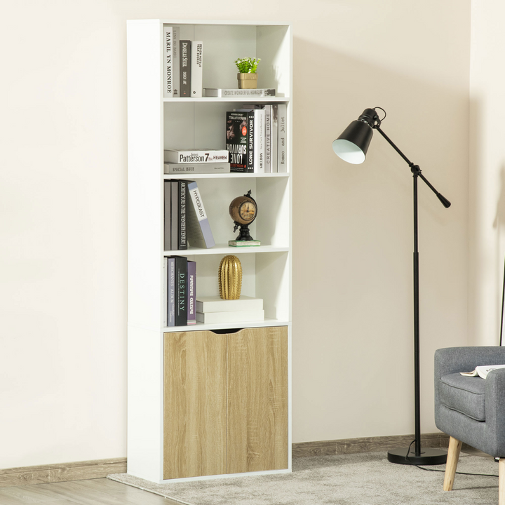 Modern 2 Door 4 Shelves Tall Bookcase - White and Oak Storage Cupboard for Home Office & Living Room - Premium  from Home Treasures - Just £88.99! Shop now at Home Treasures