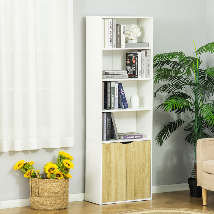 Modern 2 Door 4 Shelves Tall Bookcase - White and Oak Storage Cupboard for Home Office & Living Room - Premium  from Home Treasures - Just £88.99! Shop now at Home Treasures