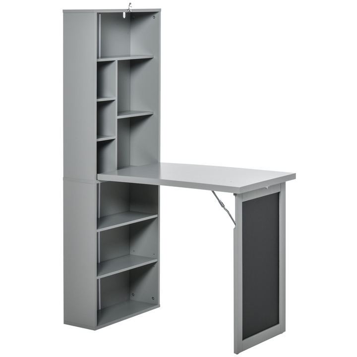 Fold-out Convertible Writing Desk Wall Mount Cabinet with Blackboard and Side Shelf Multi-Function Home Office Workstation, Grey - Premium  from Home Treasures - Just £131.99! Shop now at Home Treasures