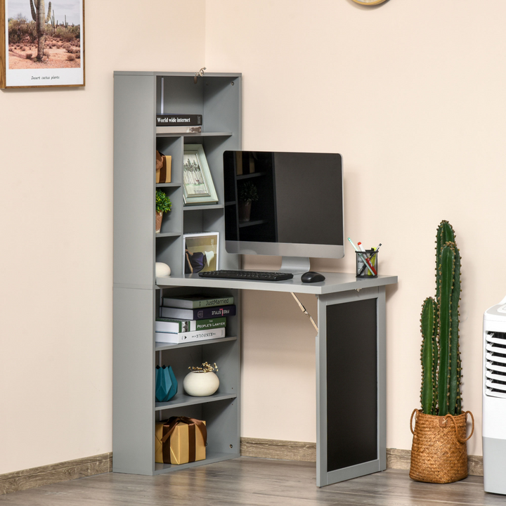 Fold-out Convertible Writing Desk Wall Mount Cabinet with Blackboard and Side Shelf Multi-Function Home Office Workstation, Grey - Premium  from Home Treasures - Just £131.99! Shop now at Home Treasures