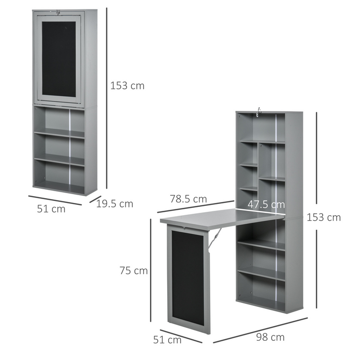 Fold-out Convertible Writing Desk Wall Mount Cabinet with Blackboard and Side Shelf Multi-Function Home Office Workstation, Grey - Premium  from Home Treasures - Just £131.99! Shop now at Home Treasures