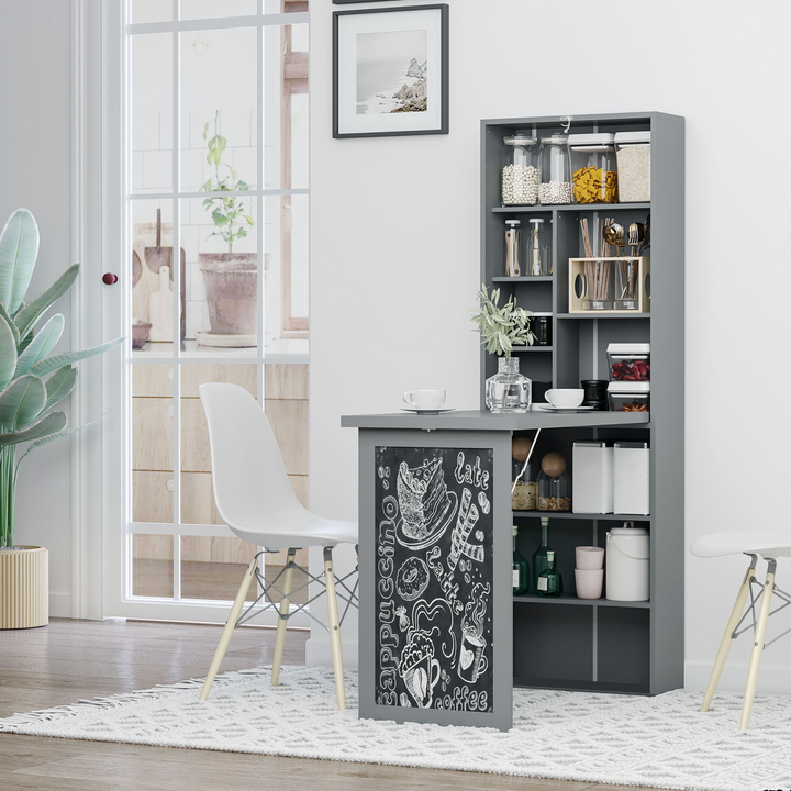 Fold-out Convertible Writing Desk Wall Mount Cabinet with Blackboard and Side Shelf Multi-Function Home Office Workstation, Grey - Premium  from Home Treasures - Just £131.99! Shop now at Home Treasures