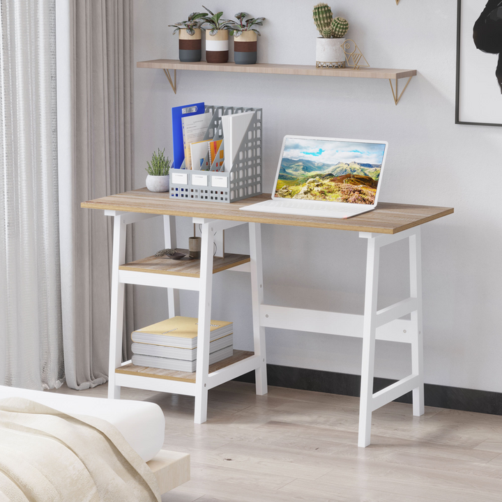 Compact Computer Desk with Storage Shelves | Study Table with Bookshelf | Home Office Workstation - White and Natural - Premium  from Home Treasures - Just £75.99! Shop now at Home Treasures