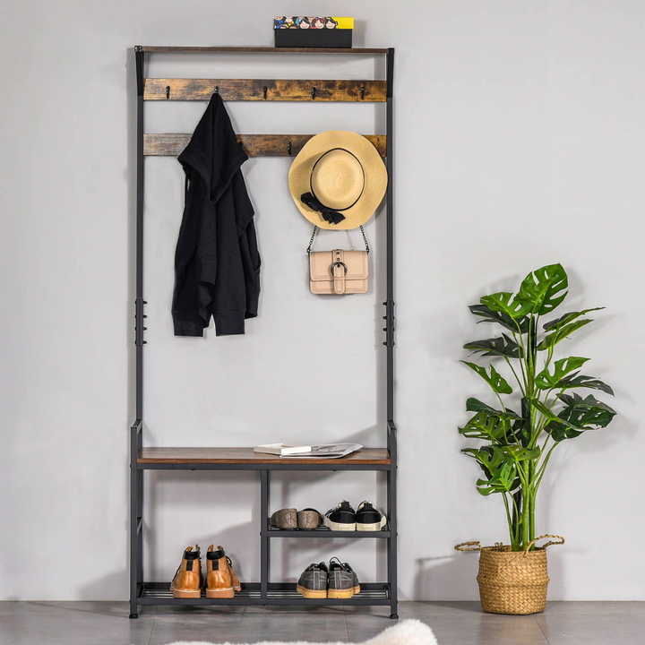 3-in-1 Coat Rack Stand with Shoe Storage Bench and 9 Hooks - Stylish Brown and Black for Entryway, Bedroom, Living Room - Premium  from Home Treasures - Just £82.99! Shop now at Home Treasures