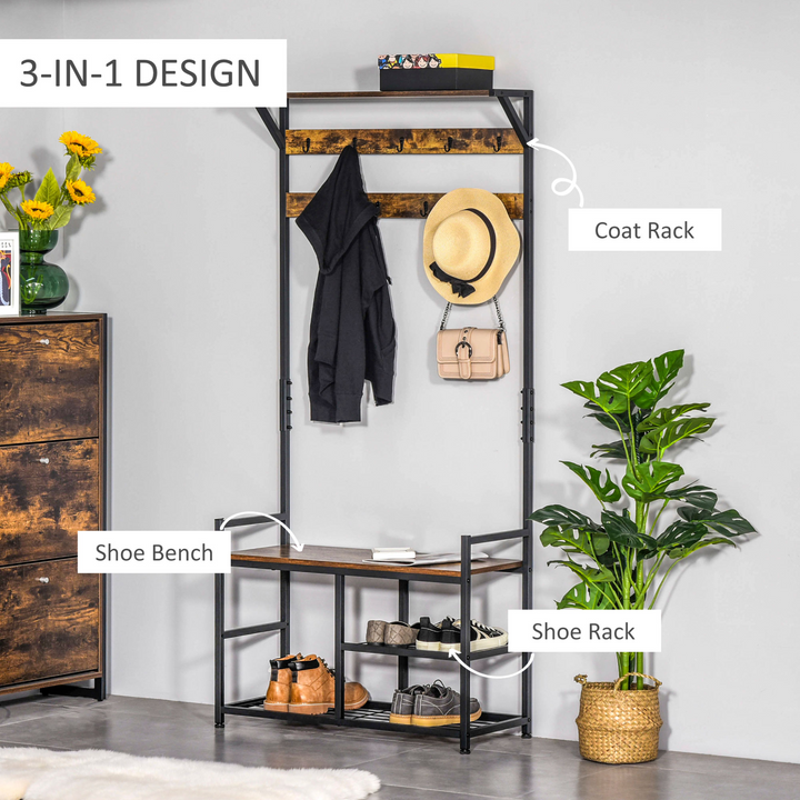 3-in-1 Coat Rack Stand with Shoe Storage Bench and 9 Hooks - Stylish Brown and Black for Entryway, Bedroom, Living Room - Premium  from Home Treasures - Just £82.99! Shop now at Home Treasures