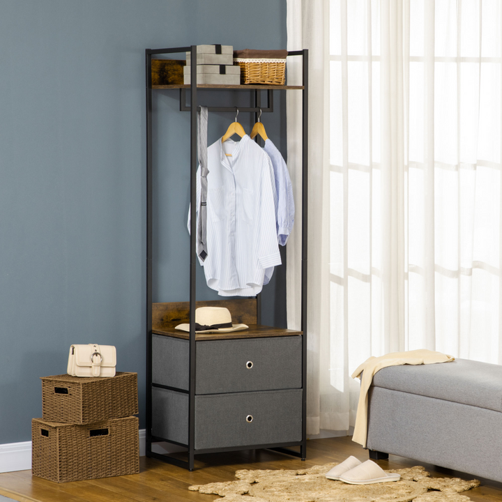 Metal Clothes Rail & Coat Stand with Fabric Storage Drawers - Single Wardrobe for Bedroom and Hallway, Rustic Brown and Grey - Premium  from Home Treasures - Just £113.99! Shop now at Home Treasures