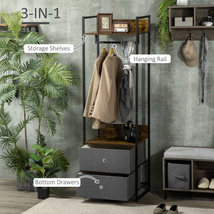 Metal Clothes Rail & Coat Stand with Fabric Storage Drawers - Single Wardrobe for Bedroom and Hallway, Rustic Brown and Grey - Premium  from Home Treasures - Just £113.99! Shop now at Home Treasures