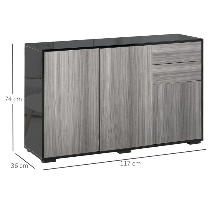 High Gloss Frame Sideboard w/ Push-Open Design & 2 Drawers | Modern Light Grey & Black Cabinet | 74 x 117 x 36cm - Premium  from Home Treasures - Just £137.99! Shop now at Home Treasures