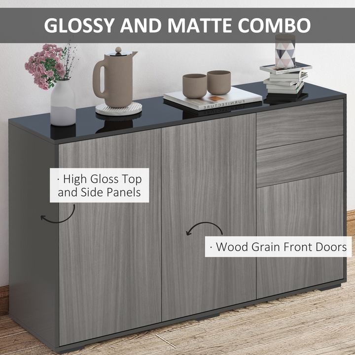 High Gloss Frame Sideboard w/ Push-Open Design & 2 Drawers | Modern Light Grey & Black Cabinet | 74 x 117 x 36cm - Premium  from Home Treasures - Just £137.99! Shop now at Home Treasures