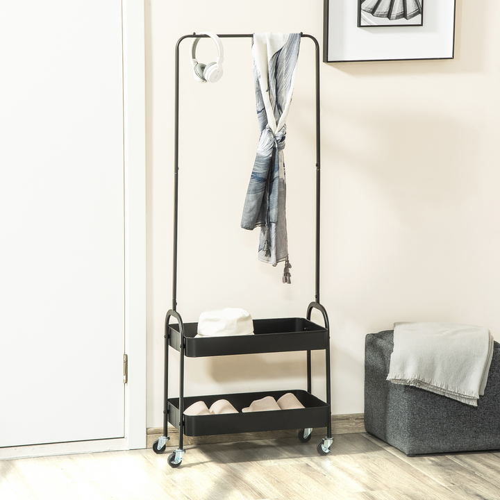 Metal Clothes Rack with Shoe Storage – Mobile Clothing Rail on Wheels, Freestanding Hall Tree, Black Coat Stand with 2 Storage Shelves - Premium  from Home Treasures - Just £43.99! Shop now at Home Treasures