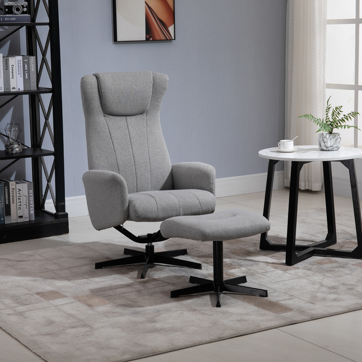 Linen Fabric Swivel Recliner & Ottoman Set in Light Grey - 135° Adjustable Lounge Chair with Footstool & Thick Foam Padding for Living Room, Bedroom, Office - Premium  from Home Treasures - Just £232.99! Shop now at Home Treasures