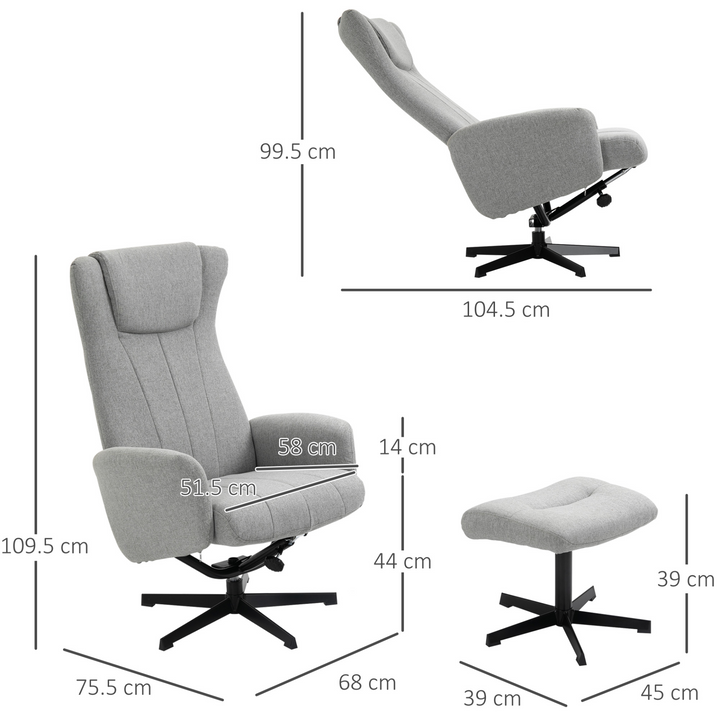 Linen Fabric Swivel Recliner & Ottoman Set in Light Grey - 135° Adjustable Lounge Chair with Footstool & Thick Foam Padding for Living Room, Bedroom, Office - Premium  from Home Treasures - Just £232.99! Shop now at Home Treasures