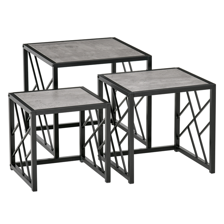 Set of 3 Nesting Coffee Tables - Sleek Square Side Tables with Criss-Cross Black Metal Frame - Perfect for Living Room, Bedroom & Office - Grey - Premium  from Home Treasures - Just £79.99! Shop now at Home Treasures