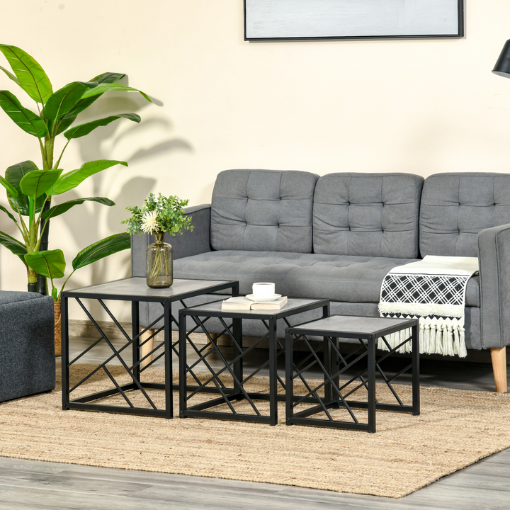 Set of 3 Nesting Coffee Tables - Sleek Square Side Tables with Criss-Cross Black Metal Frame - Perfect for Living Room, Bedroom & Office - Grey - Premium  from Home Treasures - Just £79.99! Shop now at Home Treasures