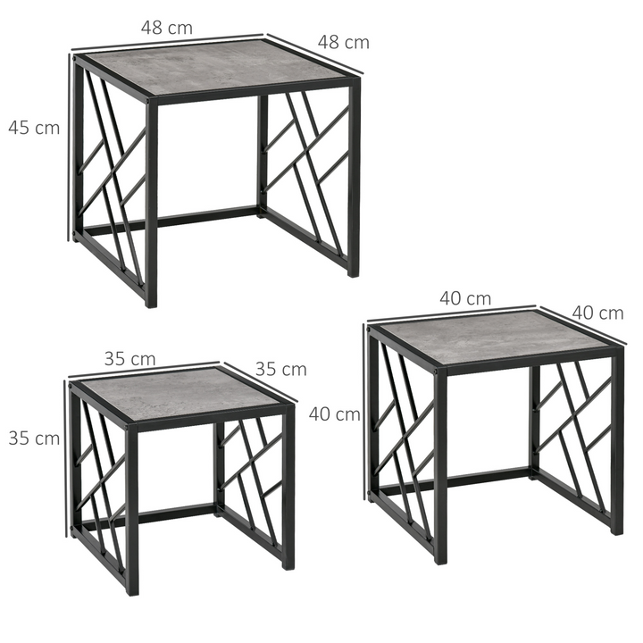 Set of 3 Nesting Coffee Tables - Sleek Square Side Tables with Criss-Cross Black Metal Frame - Perfect for Living Room, Bedroom & Office - Grey - Premium  from Home Treasures - Just £79.99! Shop now at Home Treasures