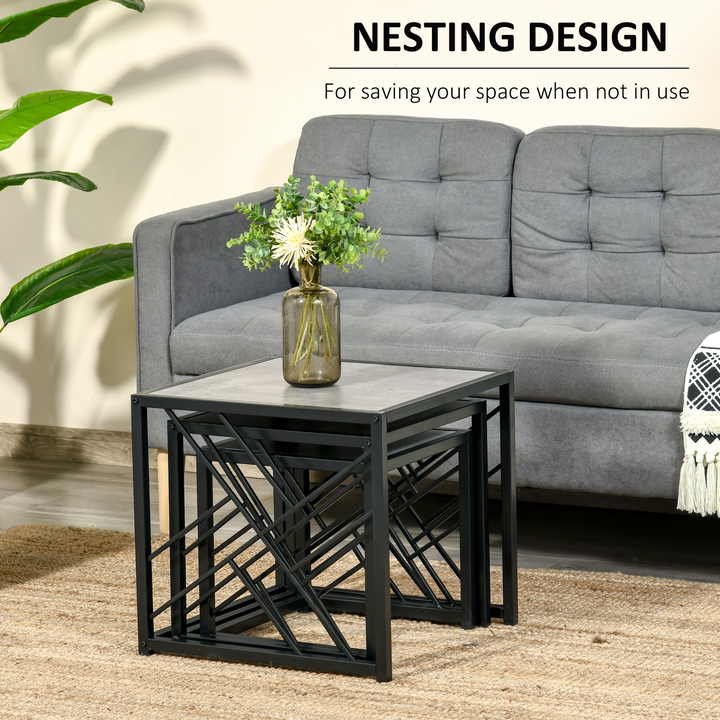 Set of 3 Nesting Coffee Tables - Sleek Square Side Tables with Criss-Cross Black Metal Frame - Perfect for Living Room, Bedroom & Office - Grey - Premium  from Home Treasures - Just £79.99! Shop now at Home Treasures