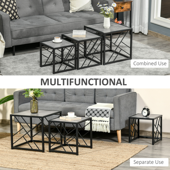 Set of 3 Nesting Coffee Tables - Sleek Square Side Tables with Criss-Cross Black Metal Frame - Perfect for Living Room, Bedroom & Office - Grey - Premium  from Home Treasures - Just £79.99! Shop now at Home Treasures