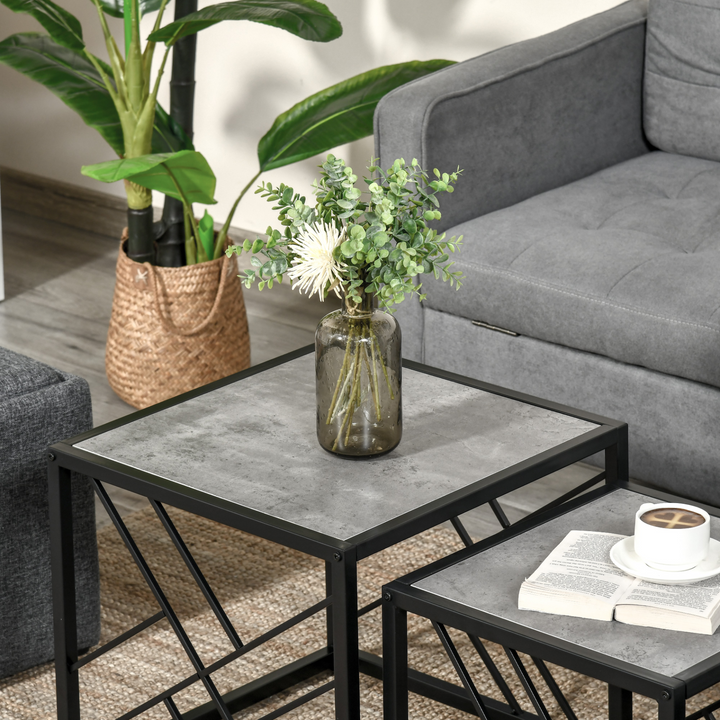 Set of 3 Nesting Coffee Tables - Sleek Square Side Tables with Criss-Cross Black Metal Frame - Perfect for Living Room, Bedroom & Office - Grey - Premium  from Home Treasures - Just £79.99! Shop now at Home Treasures