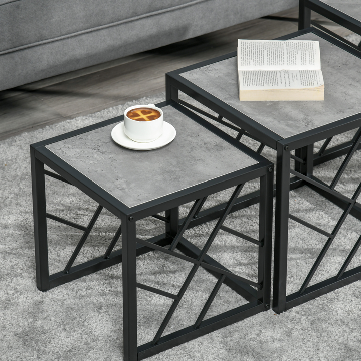 Set of 3 Nesting Coffee Tables - Sleek Square Side Tables with Criss-Cross Black Metal Frame - Perfect for Living Room, Bedroom & Office - Grey - Premium  from Home Treasures - Just £79.99! Shop now at Home Treasures