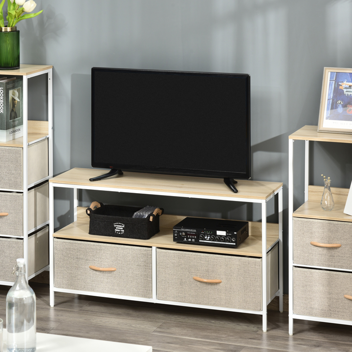 Stylish Maple Wood Effect TV Unit with 2 Foldable Linen Drawers & Open Shelving - Perfect for Living Rooms & Bedrooms - Premium  from Home Treasures - Just £70.99! Shop now at Home Treasures