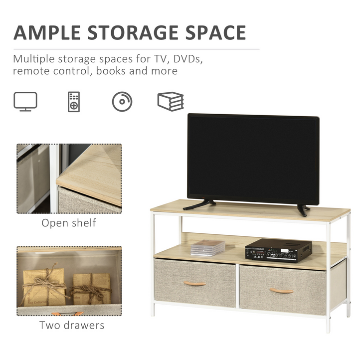 Stylish Maple Wood Effect TV Unit with 2 Foldable Linen Drawers & Open Shelving - Perfect for Living Rooms & Bedrooms - Premium  from Home Treasures - Just £70.99! Shop now at Home Treasures