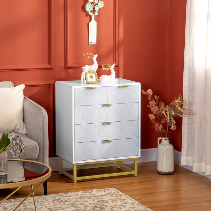 Elegant Modern Style Chest of Drawers with Golden Effect Steel Base (White) - 5 Drawer Storage Unit - Premium  from Home Treasures - Just £114.99! Shop now at Home Treasures