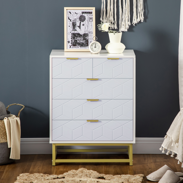 Elegant Modern Style Chest of Drawers with Golden Effect Steel Base (White) - 5 Drawer Storage Unit - Premium  from Home Treasures - Just £114.99! Shop now at Home Treasures