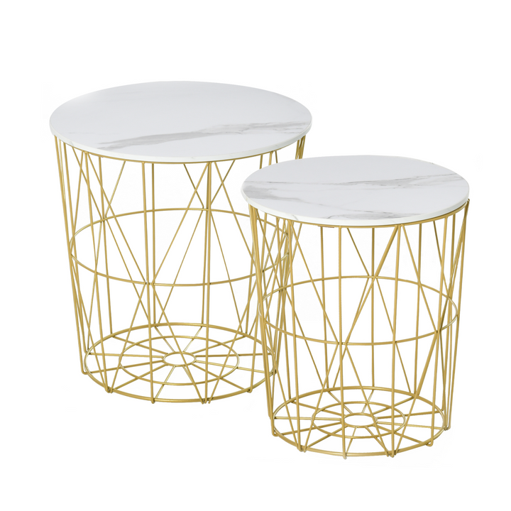 Set of 2 Nesting Side Tables with Storage - Round End Coffee Tables - White with Marble Effect - Premium  from Home Treasures - Just £66.99! Shop now at Home Treasures