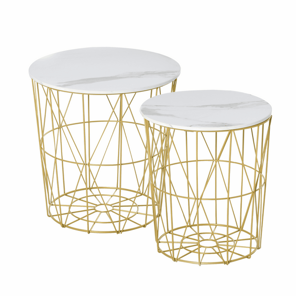 Set of 2 Nesting Side Tables w/ Storage in White & Gold - Round End Coffee Tables - White with Marble Effect - Premium  from Home Treasures - Just £66.99! Shop now at Home Treasures