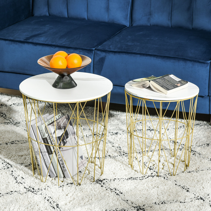 Set of 2 Nesting Side Tables with Storage - Round End Coffee Tables - White with Marble Effect - Premium  from Home Treasures - Just £66.99! Shop now at Home Treasures