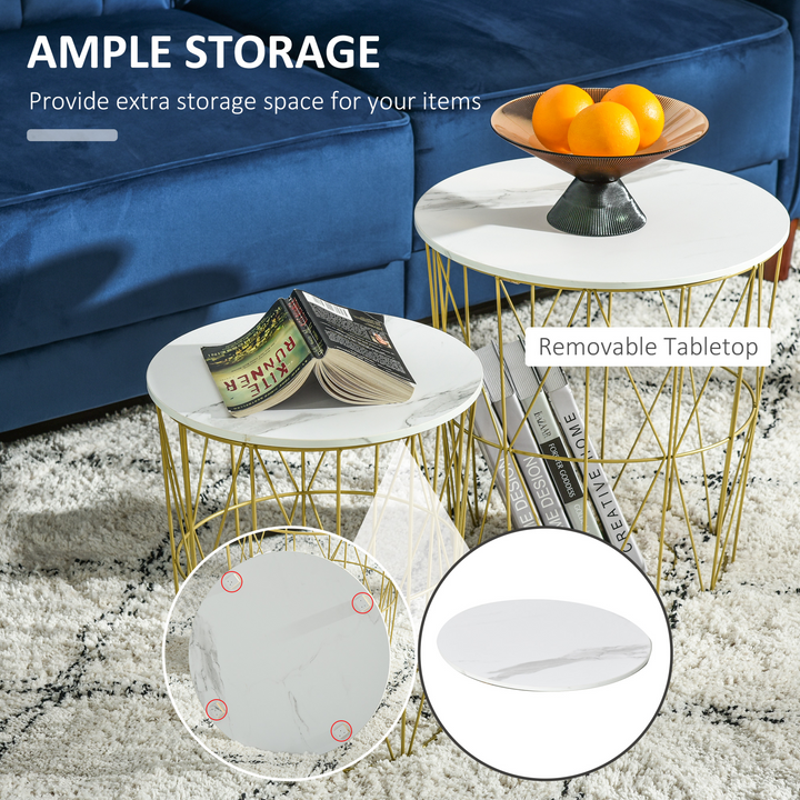 Set of 2 Nesting Side Tables with Storage - Round End Coffee Tables - White with Marble Effect - Premium  from Home Treasures - Just £66.99! Shop now at Home Treasures