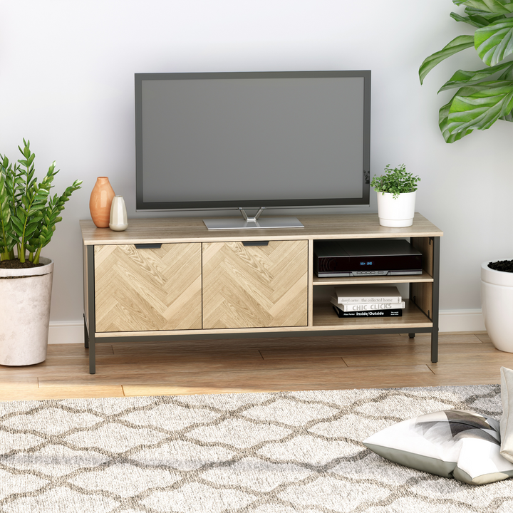 Stylish Double Door TV Cabinet Stand with Adjustable Storage Shelves - Natural Wood Finish (120 x 40 x 46 cm) - Premium  from Home Treasures - Just £95.99! Shop now at Home Treasures