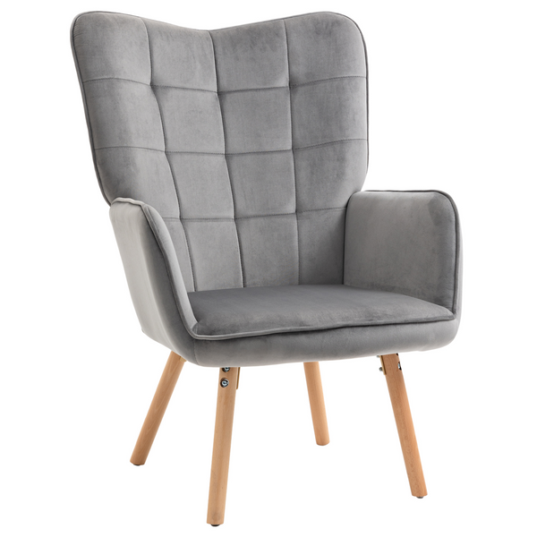 Modern Accent Chair - Velvet-Touch Tufted Wingback Armchair, Upholstered Leisure Lounge Sofa Club Chair with Wooden Legs, Grey - Premium  from Home Treasures - Just £156.99! Shop now at Home Treasures