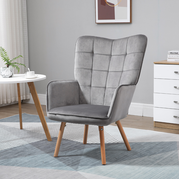 Modern Accent Chair - Velvet-Touch Tufted Wingback Armchair, Upholstered Leisure Lounge Sofa Club Chair with Wooden Legs, Grey - Premium  from Home Treasures - Just £156.99! Shop now at Home Treasures