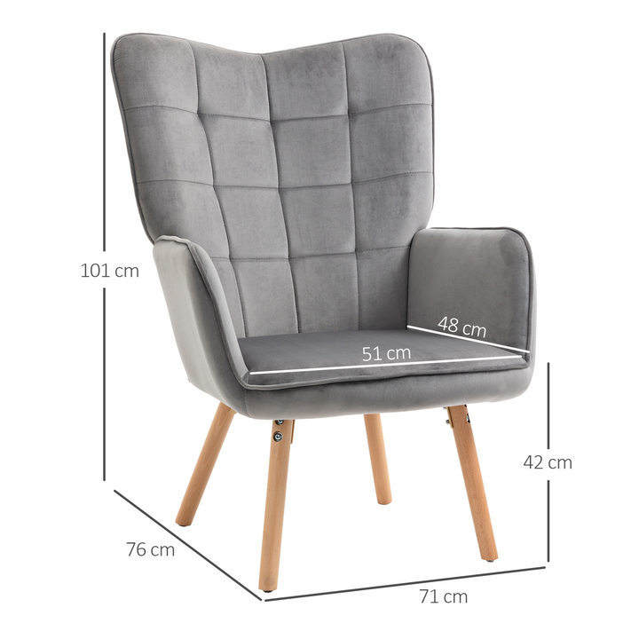 Modern Accent Chair - Velvet-Touch Tufted Wingback Armchair, Upholstered Leisure Lounge Sofa Club Chair with Wooden Legs, Grey - Premium  from Home Treasures - Just £156.99! Shop now at Home Treasures