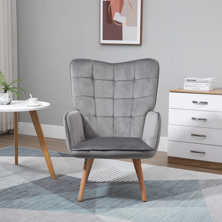 Modern Accent Chair - Velvet-Touch Tufted Wingback Armchair, Upholstered Leisure Lounge Sofa Club Chair with Wooden Legs, Grey - Premium  from Home Treasures - Just £156.99! Shop now at Home Treasures