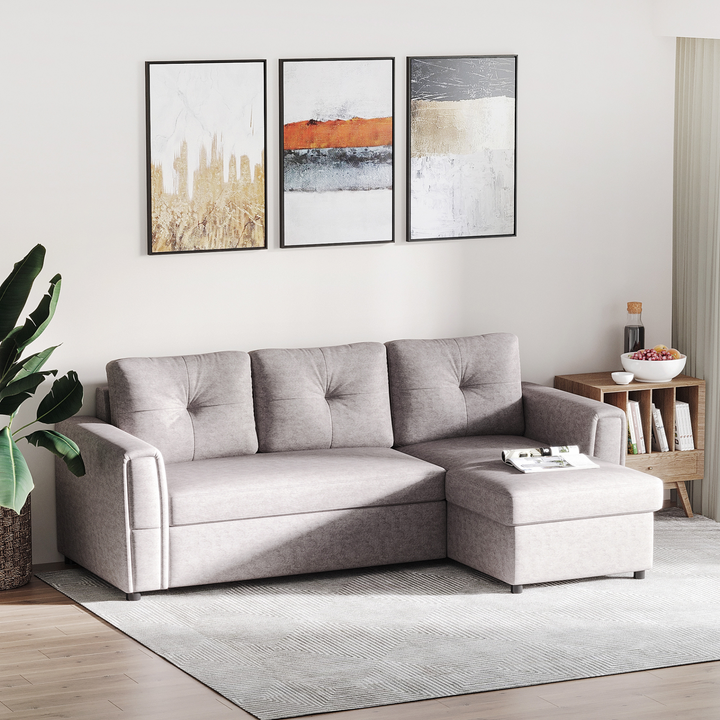 Luxurious Grey Linen-Look L-Shaped Sofa Bed with Storage | Reversible Sectional Sleeper Futon for Studio Apartments - Premium  from Home Treasures - Just £767.99! Shop now at Home Treasures