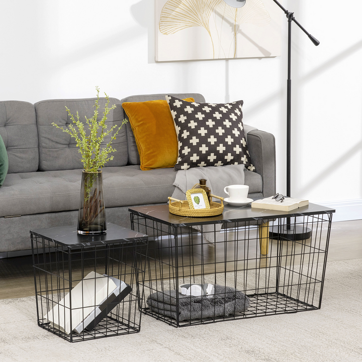 Set of 2 Coffee Tables with Marble Effect Board for Living Room & Bedroom, Black - Modern & Functional Design - Premium  from Home Treasures - Just £49.99! Shop now at Home Treasures