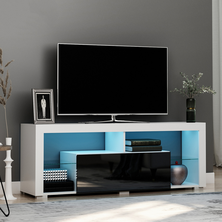 High Gloss TV Stand with LED RGB Lights & Storage Shelves 140cm- Modern Media Unit for 55 Inch TV, Black & White - Premium  from Home Treasures - Just £126.99! Shop now at Home Treasures