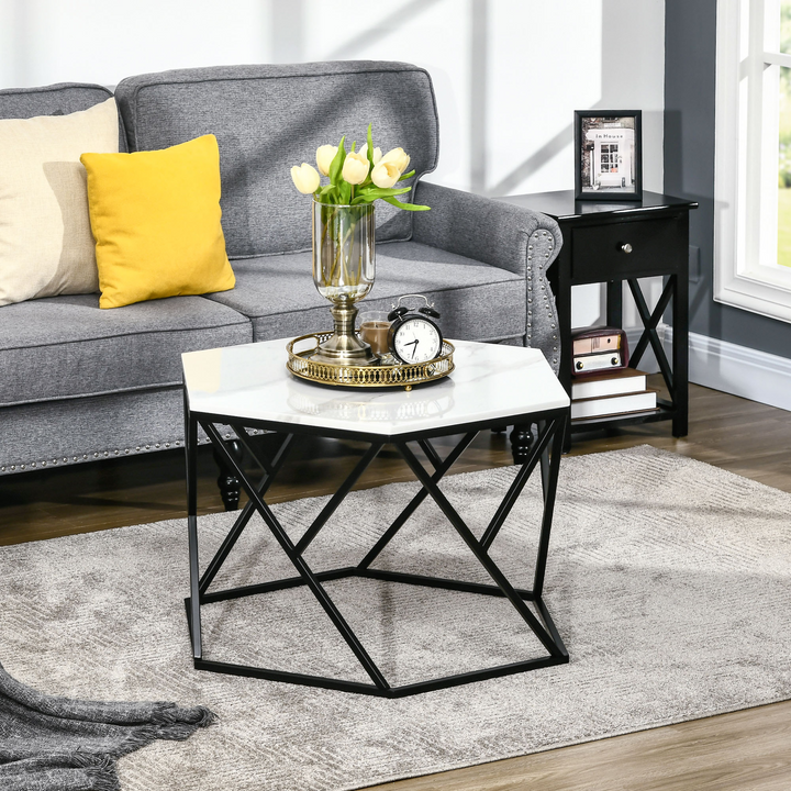 Modern Coffee Table with Steel Frame and High Gloss Faux Marble Top – Stylish and Sturdy Living Room Furniture in White - Premium  from Home Treasures - Just £84.99! Shop now at Home Treasures