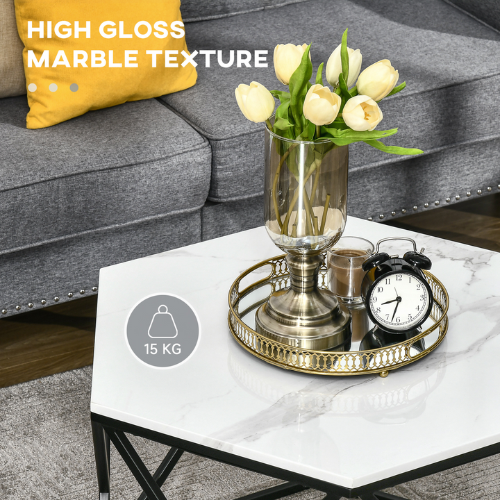 Modern Coffee Table with Steel Frame and High Gloss Faux Marble Top – Stylish and Sturdy Living Room Furniture in White - Premium  from Home Treasures - Just £84.99! Shop now at Home Treasures