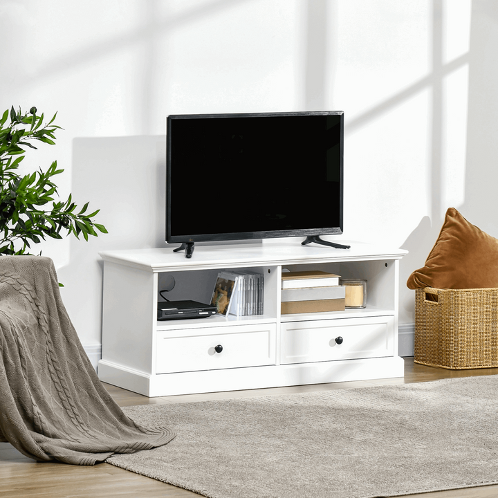 Elegant White TV Unit Cabinet with Drawers, Open Shelves & Cable Management | 45.5 x 103 x 40cm - Premium  from Home Treasures - Just £113.99! Shop now at Home Treasures